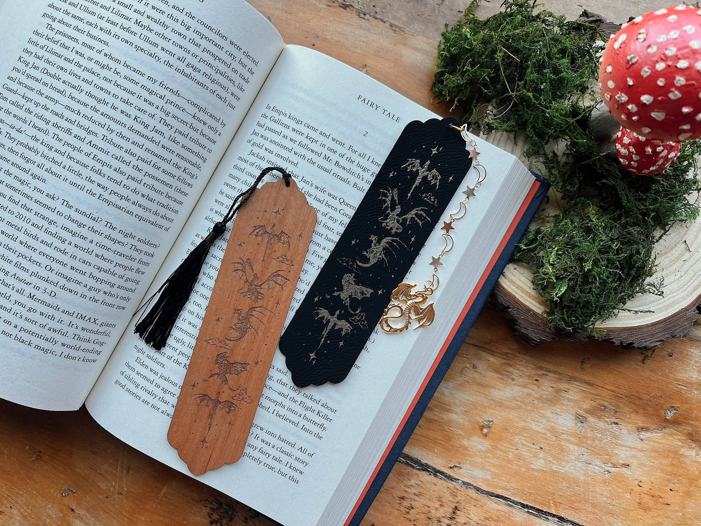Faux Leather Dragon Bookmark: Black Gold Dragon