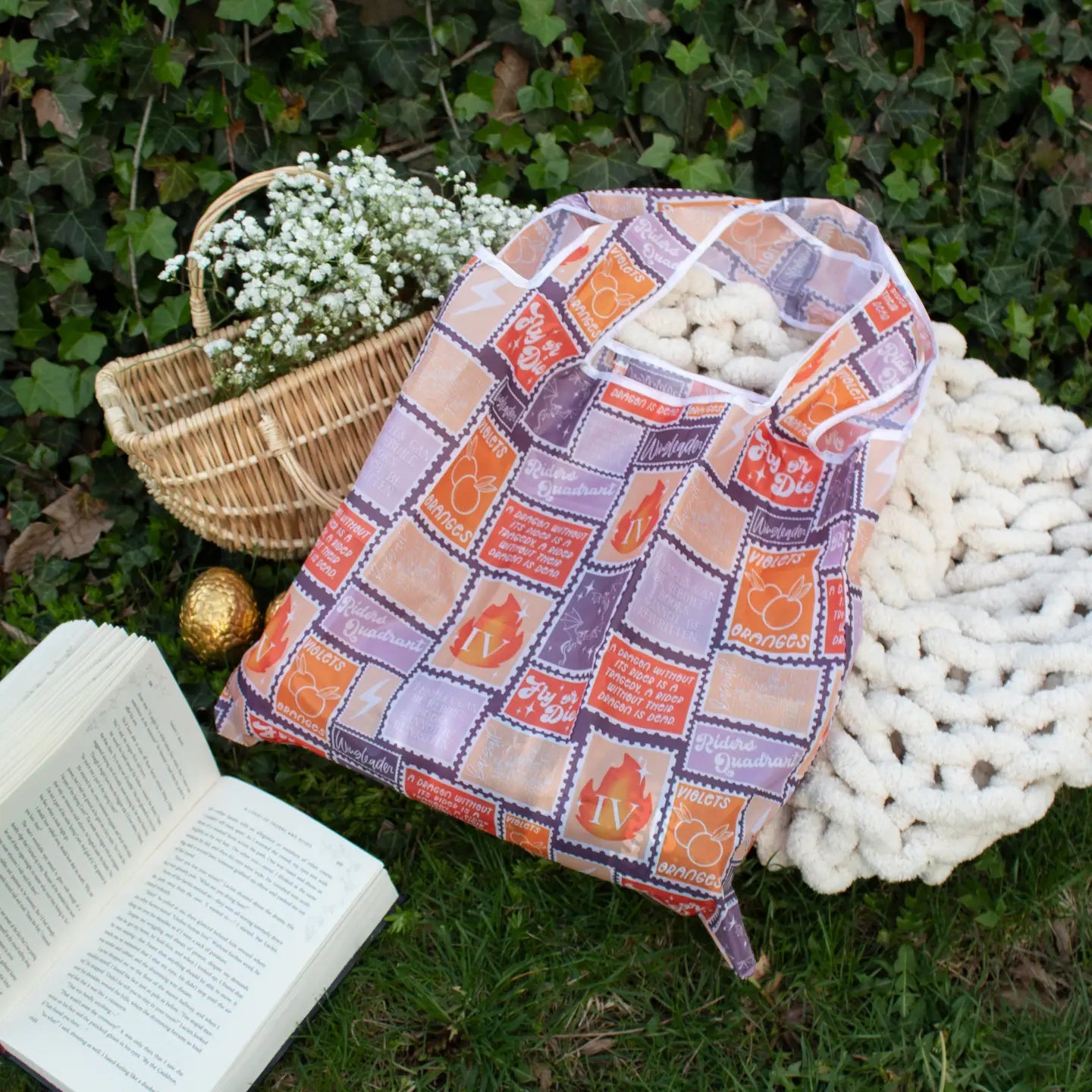 Fourth Wing Stamps | Reusable Bookish Foldable Grocery Tote